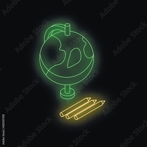 Neon green globe and pencils on a black background, symbolizing education, learning, and knowledge