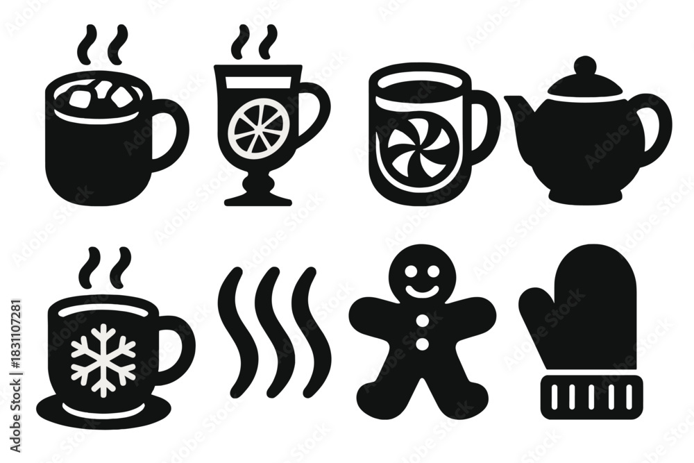 custom made wallpaper toronto digitalWinter Warmth Icons. Winter Warmers silhouette set: cocoa with marshmallows, mulled wine glass, peppermint mug, teapot, snowflake cup, steam icon, gingerbread cookie, cozy glove