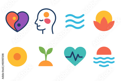 Minimalist Emotional Icons. Emotional Balance modern flat vector icons: yin-yang heart, peaceful mind, breathing waves, mindfulness symbol, centered circle, growth plant, steady