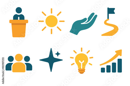 Growth Icon Set. Inspirational Growth modern flat vector icons: speaker on podium, light rays, open hand of support, success path, teamwork silhouettes, guiding star, idea bulb,