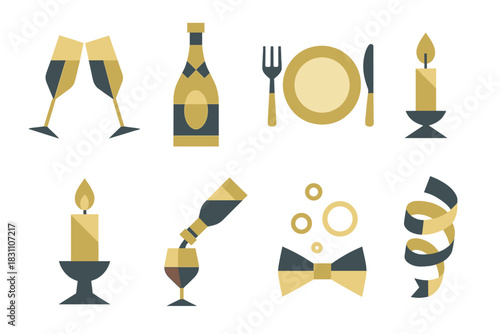 Geometric Celebration Icons. Elegant Toast in geometric flat style: crystal glasses, golden bottle, table setting, candlelight, bow tie, wine pour, bubbles, celebration ribbon