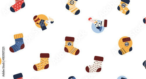 A cheerful seamless pattern with various colorful, illustrated socks featuring diverse designs, scattered playfully on a crisp white background.