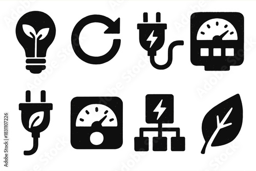 Sustainable Energy Icons. Sustainable Efficiency silhouette set: eco bulb, renewable loop, charging dock, power meter, green plug, energy dashboard, smart grid, efficiency leaf