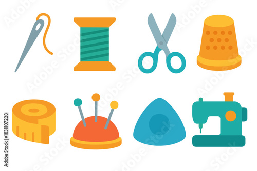 Sewing Essentials Icons. Sewing Essentials modern flat vector icons: needle, thread spool, scissors, thimble, measuring tape, pin cushion, fabric chalk, sewing machine
