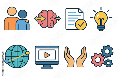 Knowledge Transfer Icons. Knowledge Transferset icons in modern isometric flat vector style: mentor and student, brain with arrows, shared document, innovation lightbulb, global