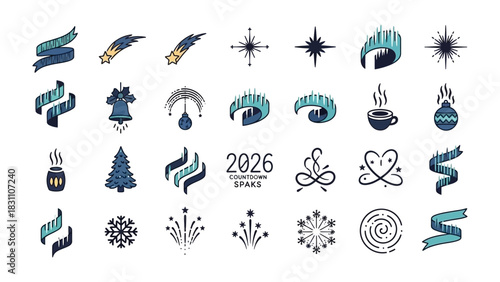 Winter Icon Collection: A meticulously curated array of winter-themed icons, emblems, and visual elements, perfect for seasonal designs. Capturing the spirit of winter's serenity.