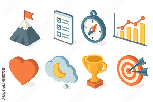 Isometric Life Goals Icons. Life Goalsset icons in modern isometric flat vector style: mountain peak with flag, planning document, compass direction, timeline chart, motivation