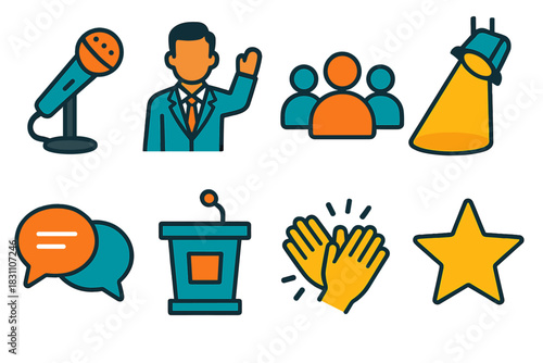 Public Speaking Icon Set. Public Speaking modern flat vector icons: microphone, confident speaker, audience silhouettes, spotlight, podium, communication bubbles, applause hands,