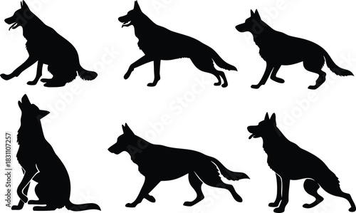 Collection of german shepherd dog silhouettes in various poses
