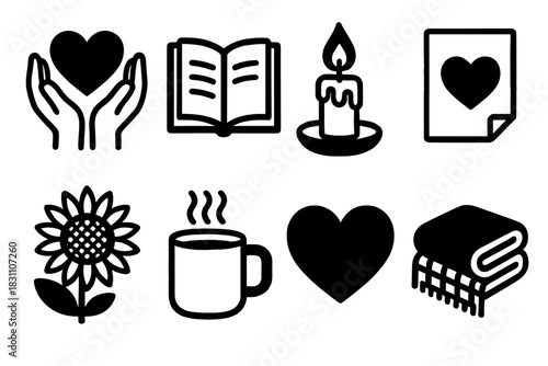 Icons of Gratitude. Thankful Moments silhouette set: heart in hands, open book, candlelight, gratitude note, sunflower, cozy mug, thankful heart, warm blanket