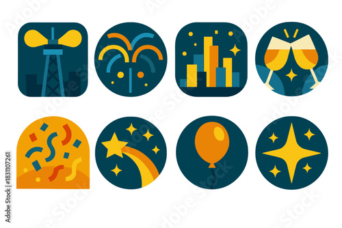 Festive City Icons. City Celebration in geometric flat style: tower lights, fireworks arcs, glowing cityscape, clinking glasses, confetti, sparkle trail, balloon, glitter star