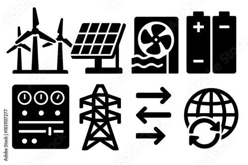 Bold Eco Icons. Eco Infrastructure silhouette set: wind farm, solar field, battery storage, water turbine, control panel, transmission tower, energy flow arrows, global connection