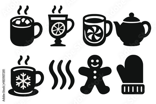 Winter Warmth Icons. Winter Warmers silhouette set: cocoa with marshmallows, mulled wine glass, peppermint mug, teapot, snowflake cup, steam icon, gingerbread cookie, cozy glove
