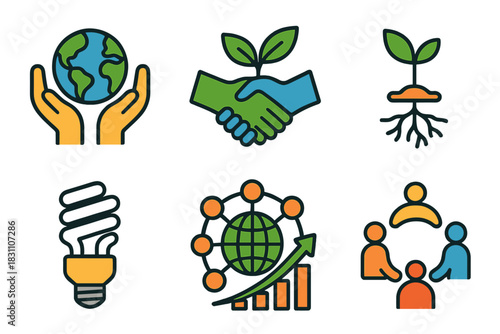 Sustainable Icons Collection. Responsible Development modern flat vector icons: earth in hands, eco handshake, plant with roots, shared resources, energy-saving bulb, sustainable