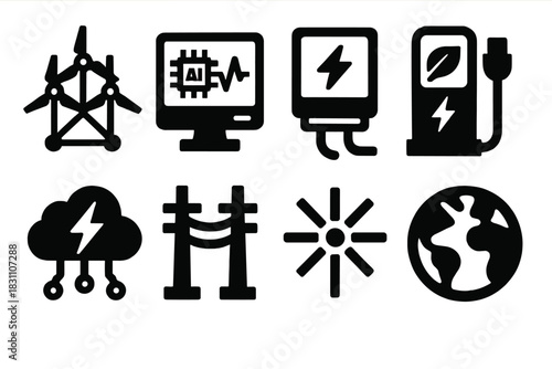 Bold Energy Icons. Future Energy Systems silhouette set: renewable network, AI energy monitor, smart inverter, eco charger, power data cloud, grid connection, light rays, planet