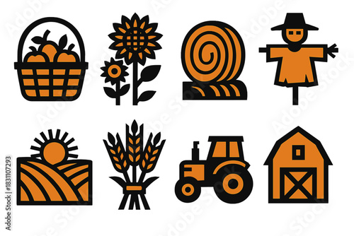 Harvest Festival Icons. Harvest Festival silhouette set: basket of fruits, sunflowers, hay bale, scarecrow, field landscape, grain bundle, tractor, farm barn