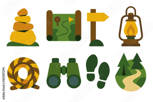 Wilderness Guide Icons. Wilderness Guides in geometric flat style: rock cairn, map scroll, wooden marker, camp lantern, rope, binoculars, footprints, nature path
