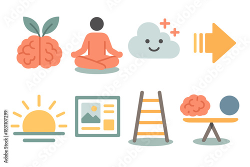 Mindset Growth Icons. Mindset Growthset icons in modern isometric flat vector style: brain with leaves, meditation pose, positive thoughts cloud, focus arrow, sunrise symbol,