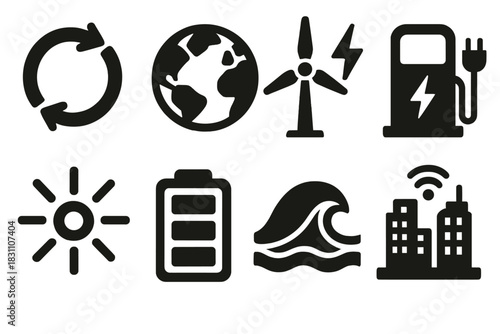 Bold Energy Icons. Future Power silhouette set: renewable loop, eco globe, hybrid turbine, charging dock, light rays, battery bank, clean energy wave, smart city skyline