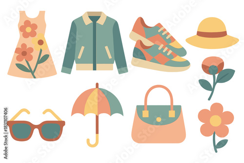 Geometric Spring Fashion Icons. Spring Outfits in geometric flat style: floral dress, light jacket, sneakers, sun hat, sunglasses, umbrella, pastel bag, flower brooch