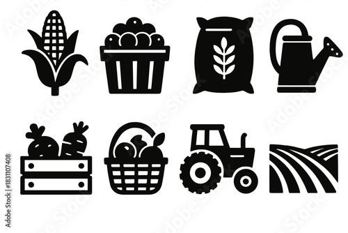 Brutalist Farm Icons. Farm Fresh silhouette set: corn stalk, berry basket, grain sack, watering can, vegetable crate, basket of fruits, tractor, field rows