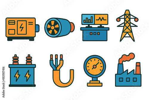 Industrial Icon Set. Industrial Generation modern flat vector icons: generator, turbine engine, control room, transmission tower, transformer, power cable, pressure gauge, factory