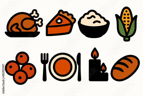 Brutalist Holiday Feast. Seasonal Dinner silhouette set: roast turkey, pumpkin pie, mashed potatoes, corn, cranberries, dinner plate, candles, bread loaf