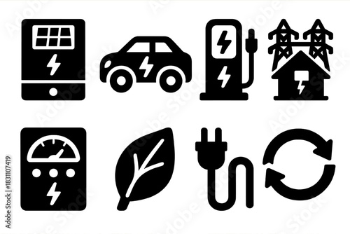Green Tech Icons. Green Technology silhouette set: solar inverter, electric car, charging dock, smart grid, energy meter, eco leaf, power cable, sustainability symbol