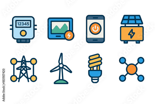 Smart Energy Icons. Smart Energy Systems modern flat vector icons: smart meter, energy monitor, control app, solar inverter, connected grid, wind turbine, efficient bulb, data