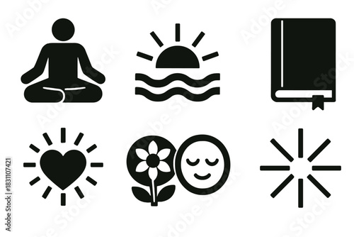 Brutalist Mindfulness Icons. Mindful Appreciation silhouette set: meditation pose, sunrise, calm waves, journal, heart aura, peaceful face, flower bloom, light rays