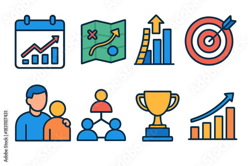 Icons of Achievement. Long-Term Success modern flat vector icons: calendar with progress, strategy map, growth ladder, goal target, supportive mentor, connected team, trophy,