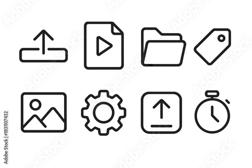 Digital Icons Set. Content Upload outline icons: progress bar, video file, folder icon, tag label, thumbnail image, gear settings, publish button, timer icon.