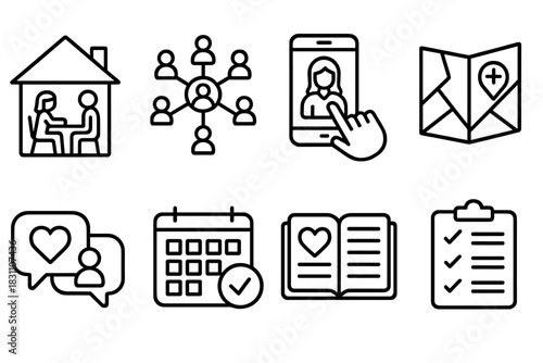 Community Care Icons. Community Care Coordination outline icons: home visit planner, outreach network icon, social worker app, care partner list, local health service map, wellness