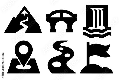 Adventure Icon Set. Adventure Routes silhouette set: mountain peak, bridge icon, waterfall, viewpoint marker, hiking trail, destination flag.