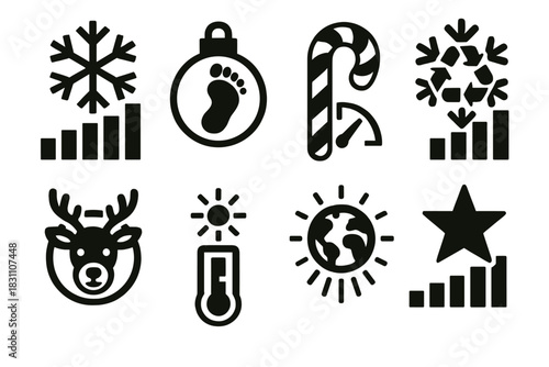 Festive Eco Icons. Festive Eco Metrics silhouette set: snowflake chart, ornament footprint, candy cane energy gauge, frosty recycling graph, reindeer eco badge, glowing impact