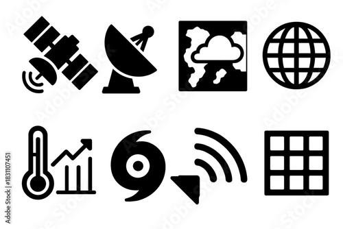 Bold Weather Icons. Weather Satellites silhouette set: orbiting satellite, radar dish, cloud map, Earth globe, temperature chart, storm tracker, communication signal, data grid.