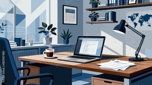 This modern, colorful illustration depicts an organized office workspace: a desk holds a computer, printer, and stationery, paired with an office chair, while a cabinet, professional interior.