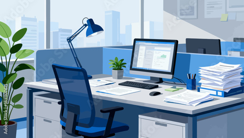 This modern, colorful illustration depicts an organized office workspace: a desk holds a computer, printer, and stationery, paired with an office chair, while a cabinet, professional interior.