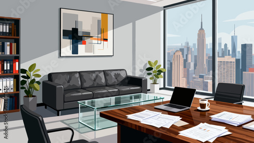 This modern, colorful illustration depicts an organized office workspace: a desk holds a computer, printer, and stationery, paired with an office chair, while a cabinet, professional interior.