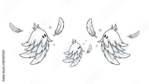 Feathered Dreams: Whimsical illustrations of angel wings and ethereal feathers floating in mid-air, a soft and delicate portrayal of heavenly concepts.