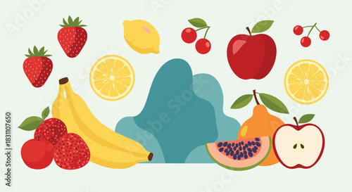 A vibrant collection of fresh and exotic fruits including strawberries, lemons, apples, bananas, and papaya, arranged in a flat design style.