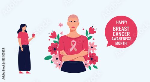 Women advocating for breast cancer awareness month, featuring a survivor, supporter, and symbolic pink ribbon with floral accents.