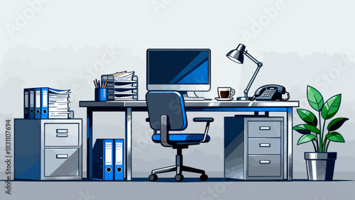 This modern, colorful illustration depicts an organized office workspace: a desk holds a computer, printer, and stationery, paired with an office chair, while a cabinet, professional interior.
