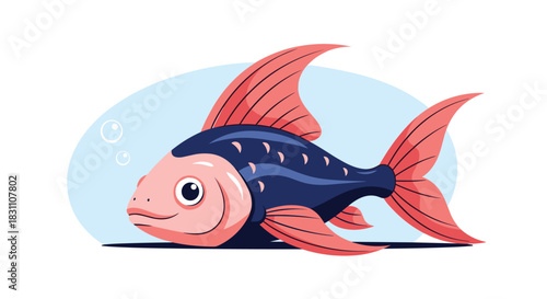A friendly, colorful cartoon fish with big fins and a dark blue body swims gently in clear water.