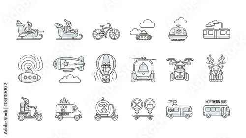 Transportation Icons: A collection of various transportation modes are designed using clean line art, perfect for highlighting concepts about transportations. 