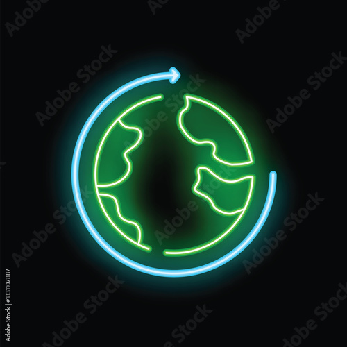 Green neon sign showing planet earth with circular blue arrow emphasizing global concerns and interconnectedness