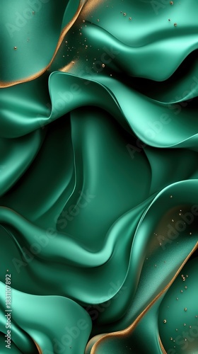 Flowing, draped abstract teal fabric with golden accents, creating a sense of luxury and movement