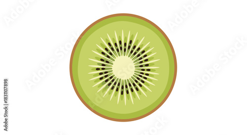 A vibrant green cross-section of a fresh kiwi fruit, showcasing its distinct black seeds, light core, and brown skin, isolated on white.