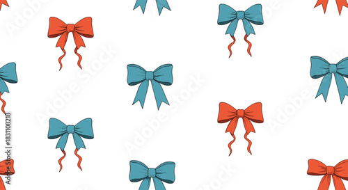Seamless pattern featuring a charming array of red and blue bows with varying ribbon styles on a white background.