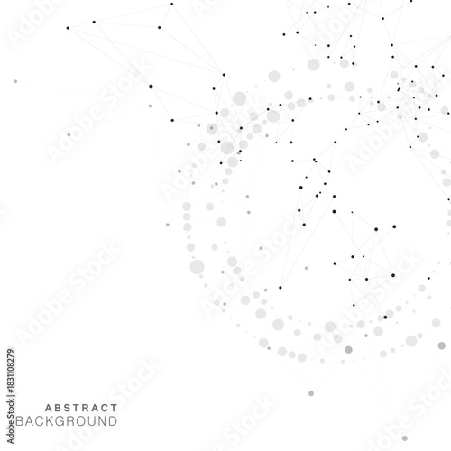 Abstract vector background featuring swirling network interconnected black dots and lines forming geometric patterns